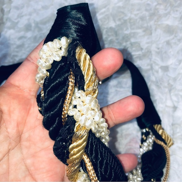 Vintage Black and Gold Braided Belt with Pearl Accents- elastic strap - hook - Picture 3 of 6